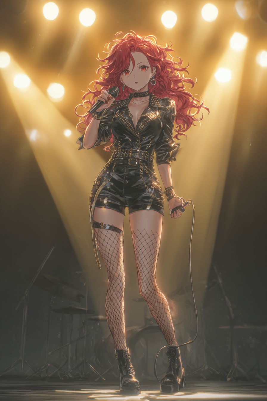 A female character on stage wearing a black leather mini-dress full of energy