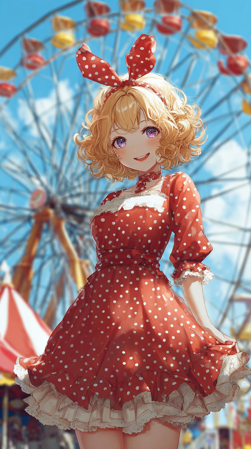 A playful anime-style female character at a carnival wearing a frilly red dress with white polka dots and a bunny ear headband