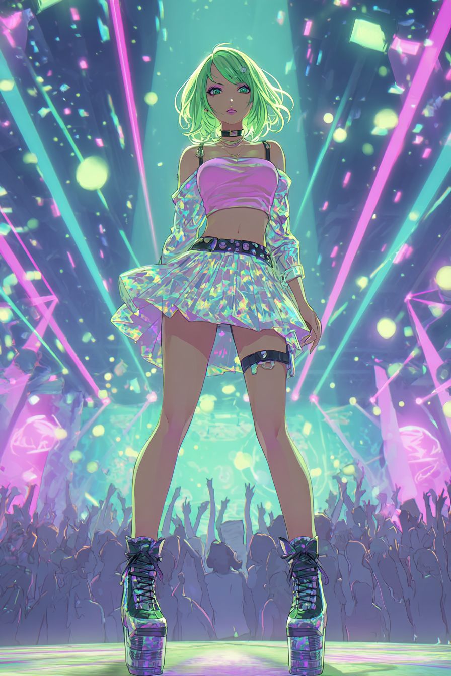 A vibrant anime-style female character at a rave in a neon pink crop top and holographic skirt