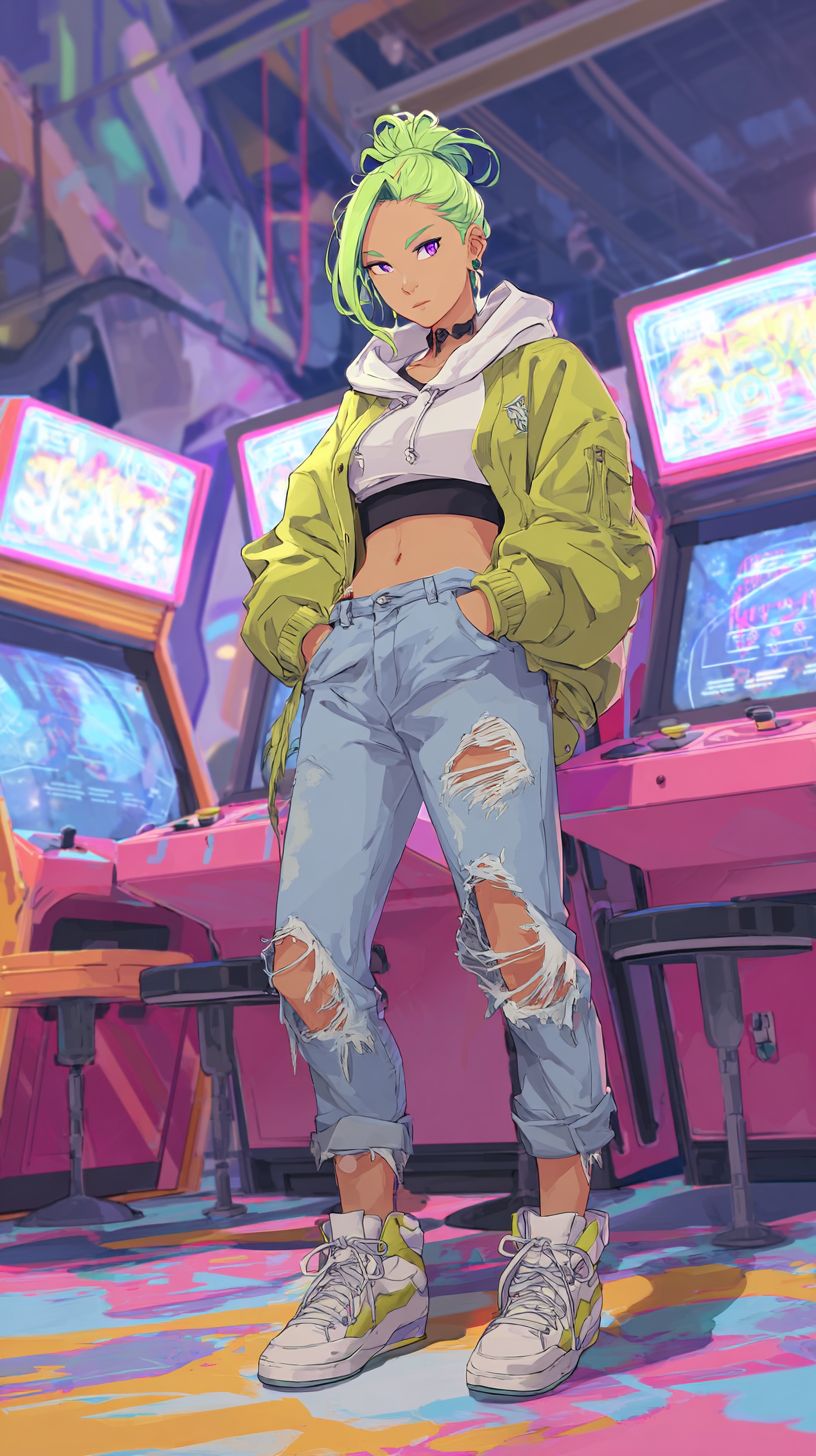 A cool anime-style female character in a gaming arcade wearing a cropped hoodie, ripped jeans, and high-top sneakers with messy neon green hair and violet eyes