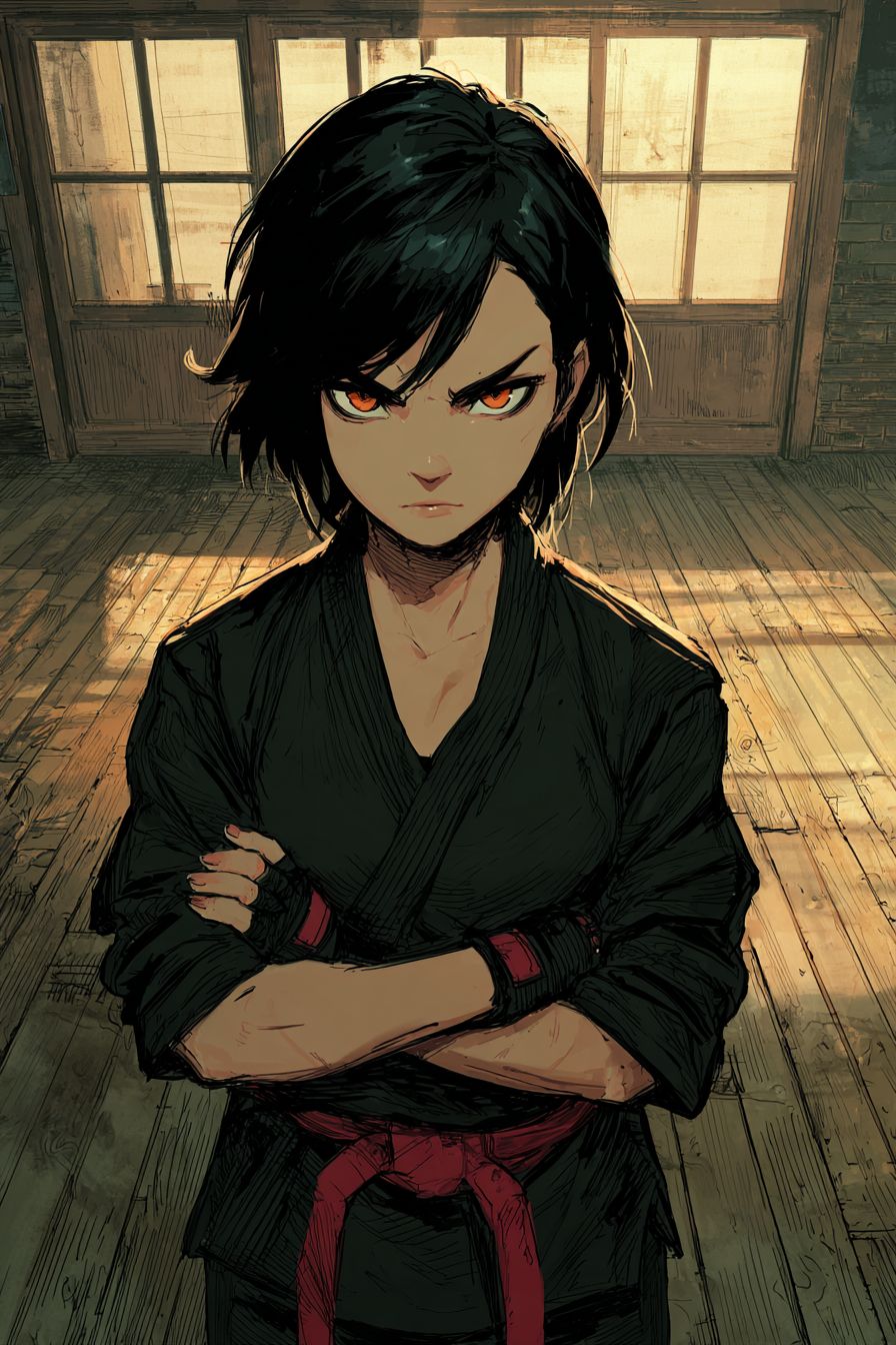 A female anime-style character in a dojo wearing a black gi and a red belt