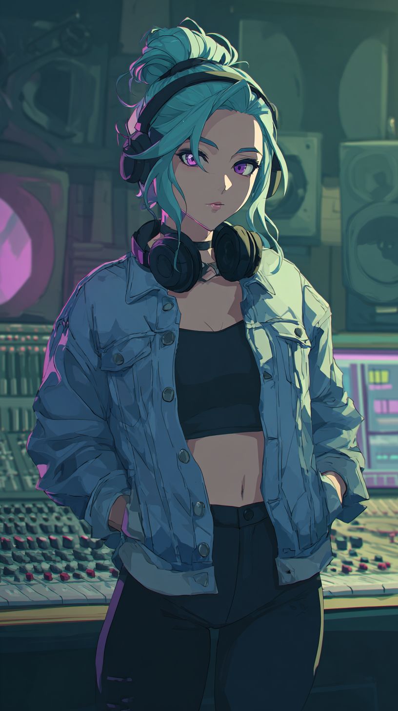 A cool anime-style female character in a music studio wearing a cropped denim jacket and black leggings