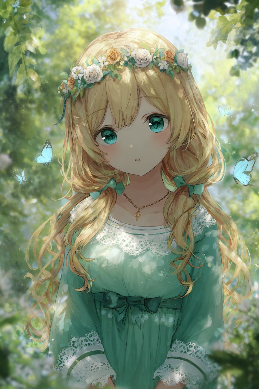 A graceful anime-style female character in a garden wearing a soft mint green dress with lace sleeves and a flower crown
