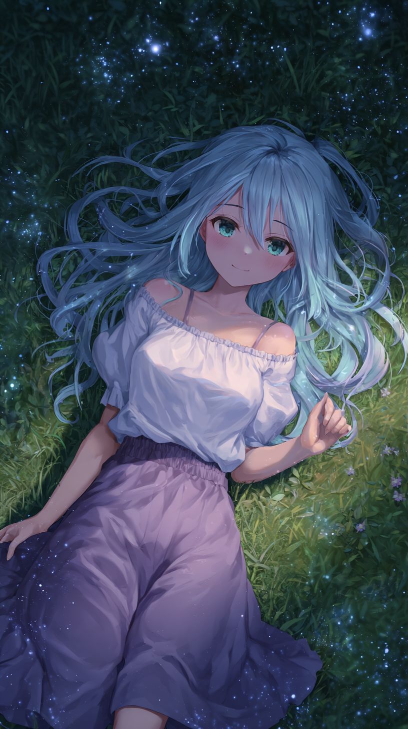 A dreamy anime-style female character lying on a grassy hill in a white off-shoulder blouse and flowing lavender skirt with pastel blue hair and gentle green eyes under a starry sky