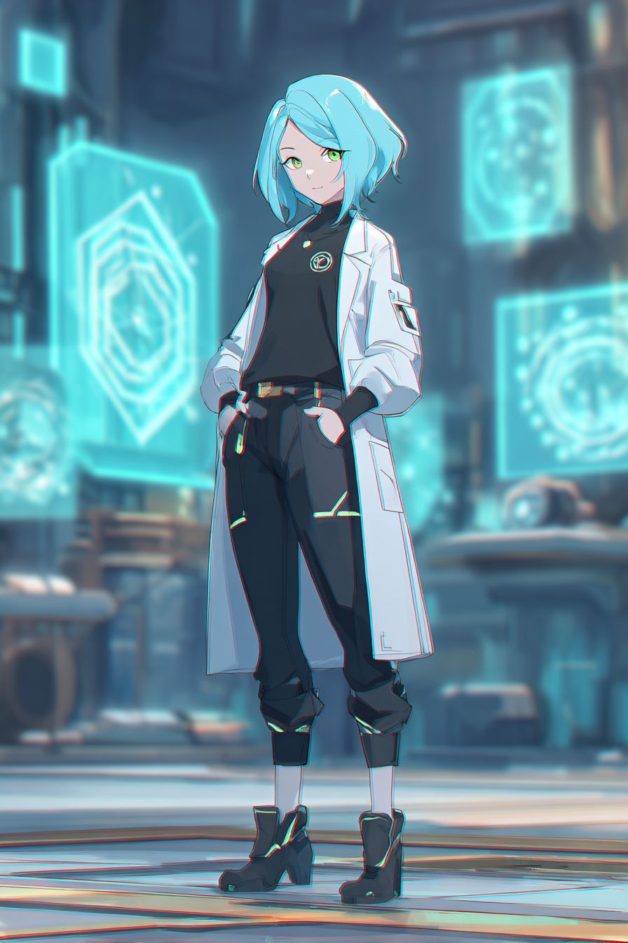 一个自信的动漫风格女性角色在技术实验室穿着白色 lab coat，黑色连体衣，发亮的电蓝色短发和绿色眼睛充满好奇，四周有发光的全息屏幕