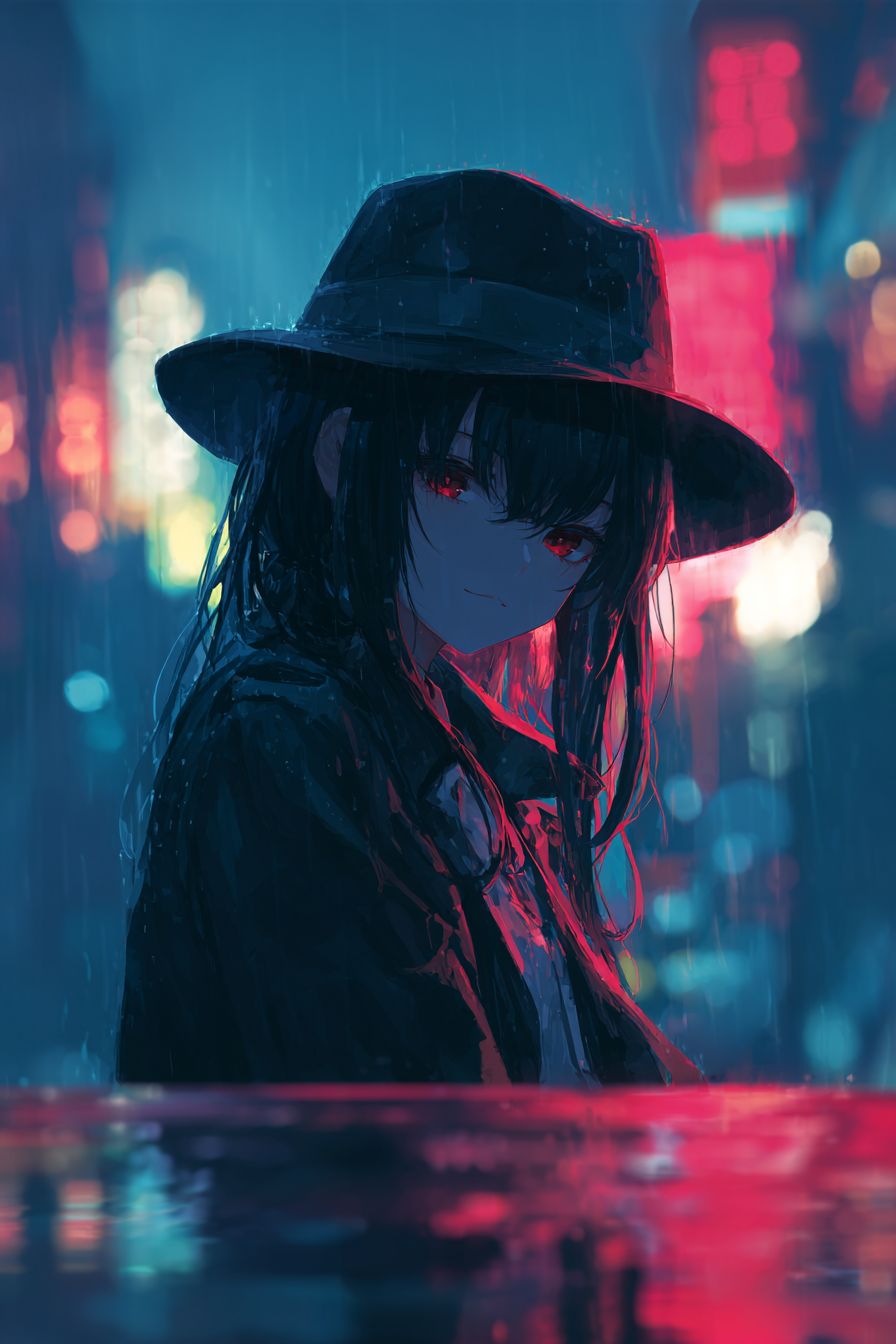 A mysterious anime-style female character in a rain-soaked alley wearing a black trench coat and wide-brimmed hat