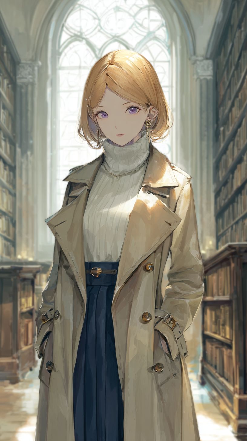 A refined anime-style female character stands in a library wearing a beige trench coat over a cream turtleneck and a navy skirt