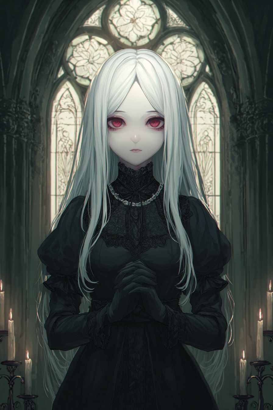A mysterious anime-style female character in a black lace dress with long white hair and crimson eyes