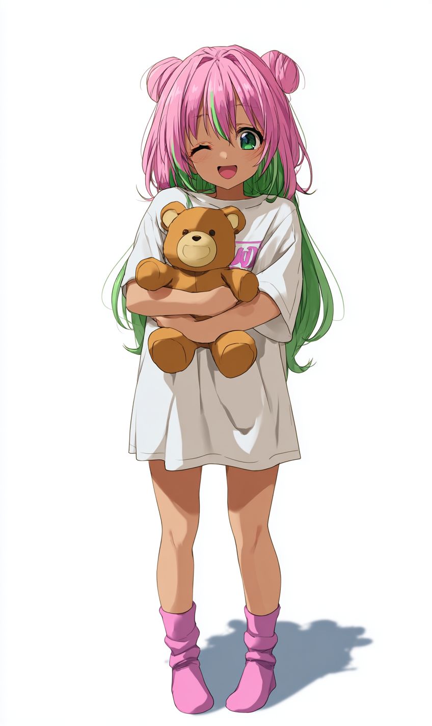 A cute girl with pink hair holding a teddy bear while wearing an oversized white t-shirt and matching socks