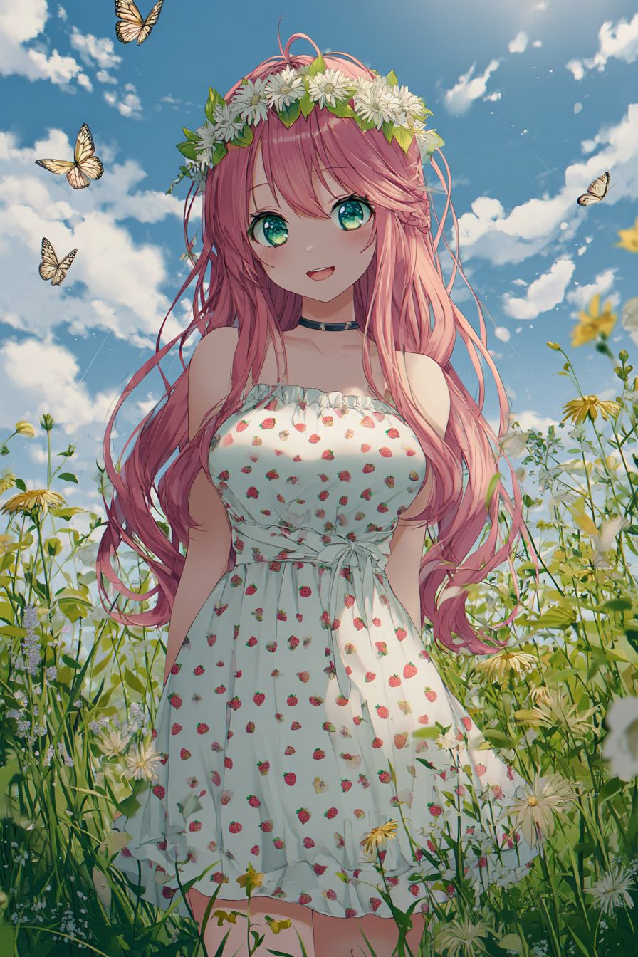 A playful anime-style girl in a meadow wearing a white sundress with strawberry prints and a flower crown showcases joy