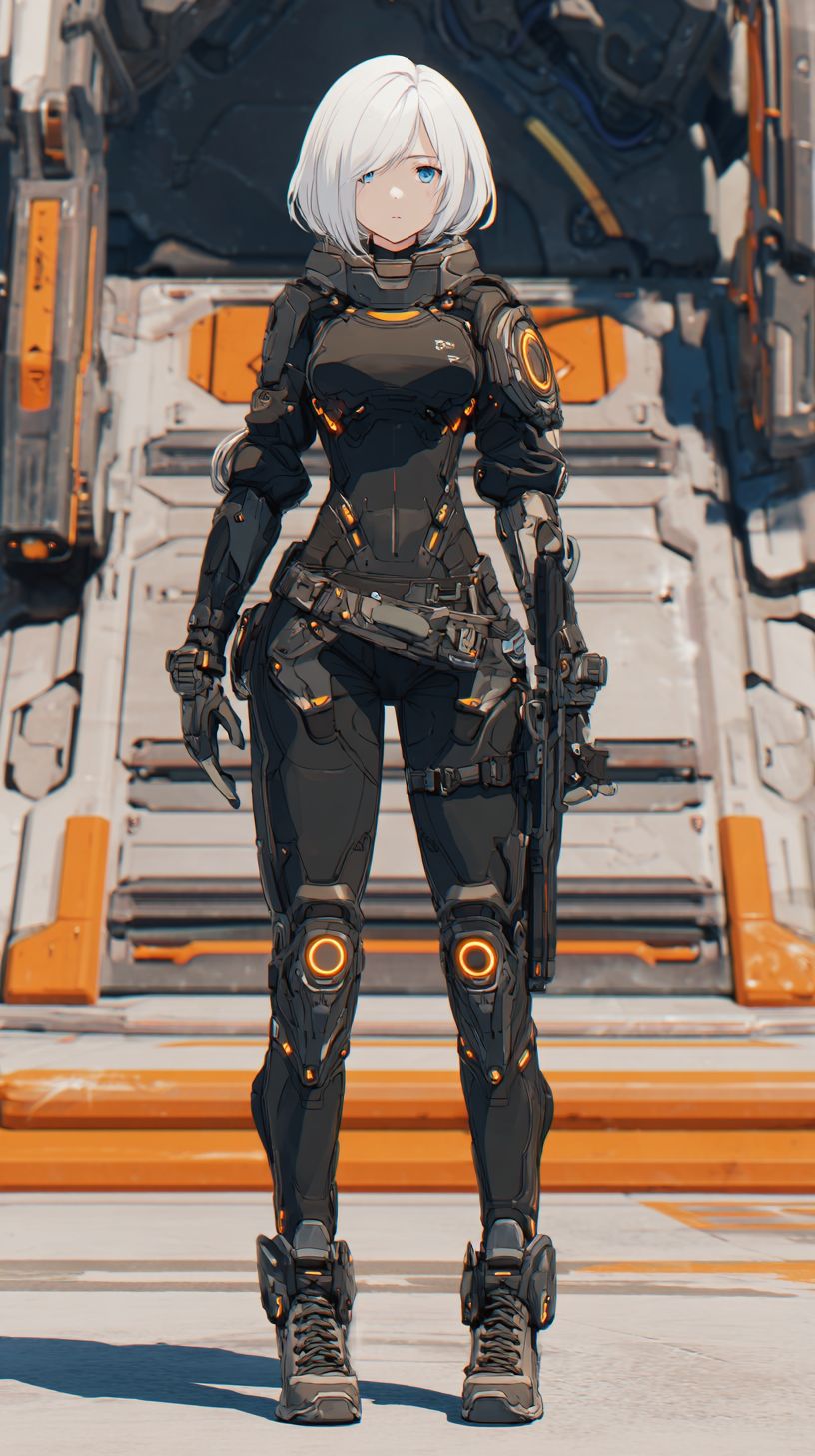 A female anime-style character in a tactical black bodysuit with futuristic weapons in the background