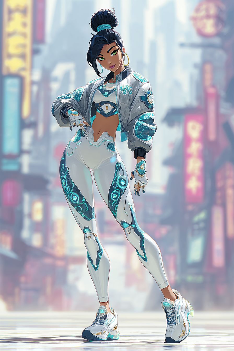 A female character in a futuristic cyberpunk city wearing a sleek silver bodysuit
