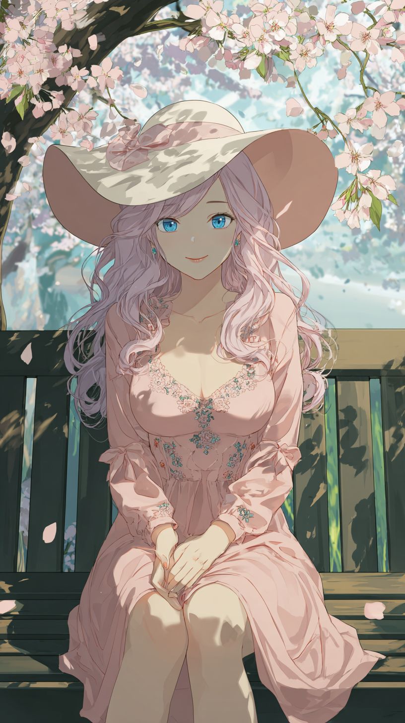 Un personnage féminin délicat de style anime est assis sur un banc dans un parc, portant une robe d'été rose pastel