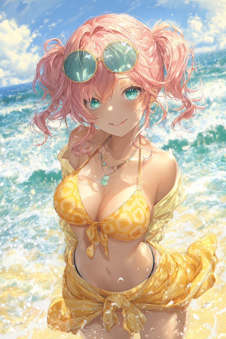 ビーチにいるアニメスタイルの女性キャラクターは、明るい黄色のビキニトップとサロンスカート、そして大きなサングラスを着けています
