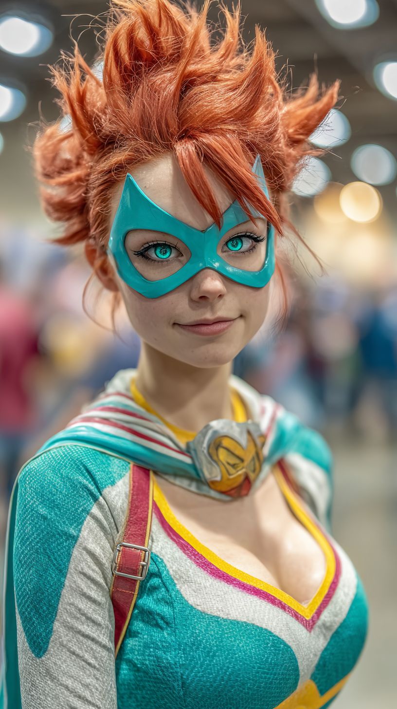 A vibrant anime-style female character at a comic convention in a colorful superhero costume
