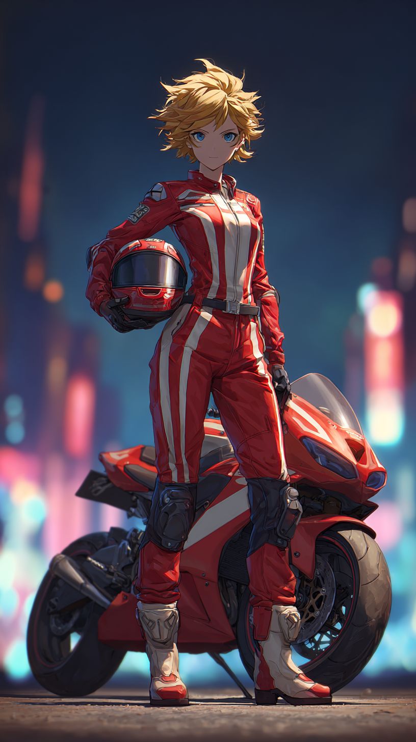 A female character in a red leather jumpsuit rides a motorcycle confidently against a night city backdrop