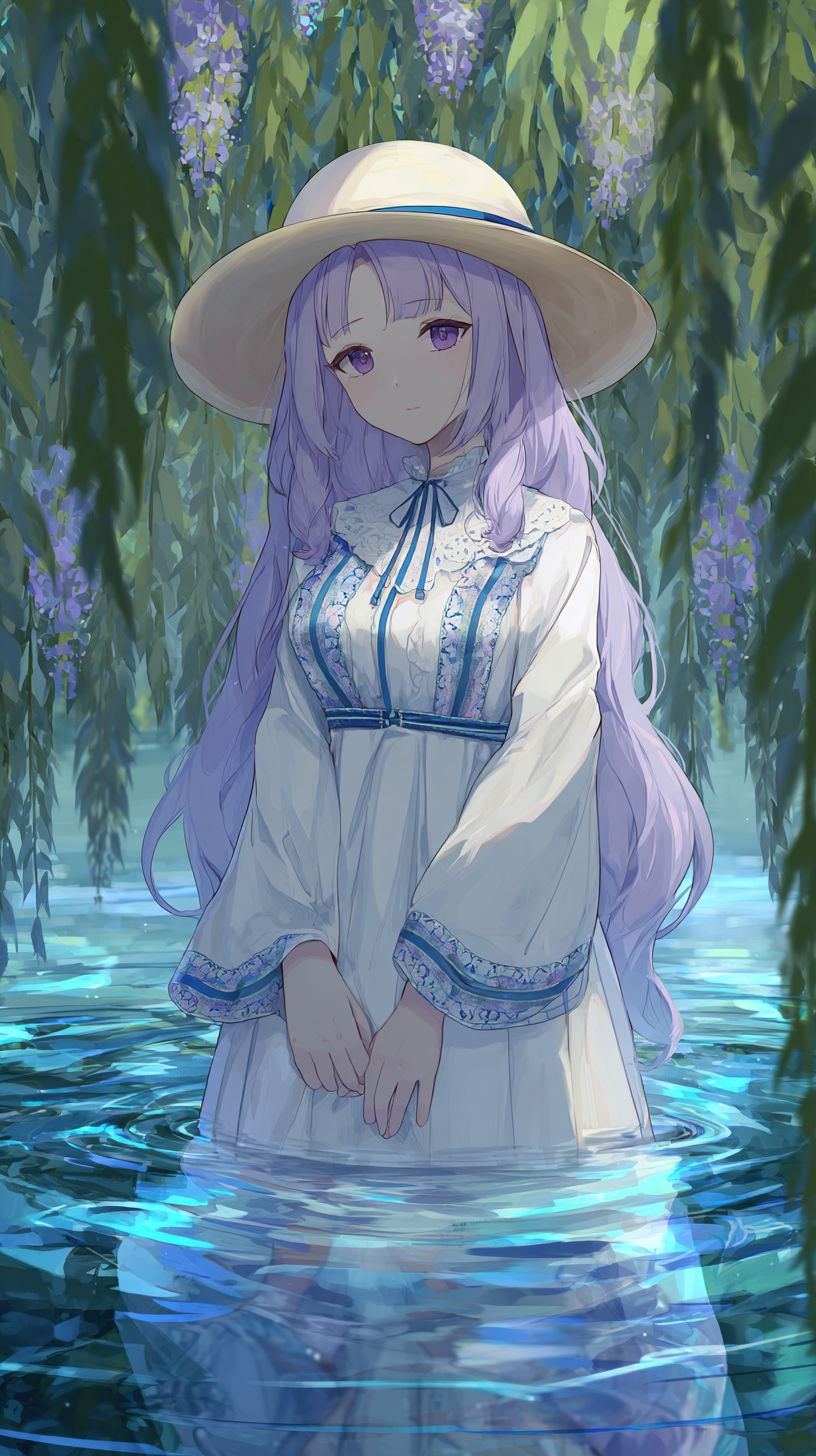 Uma serena personagem feminina em estilo anime ao lado de um riacho, vestindo um vestido branco com bordados azuis e um chapéu de aba larga