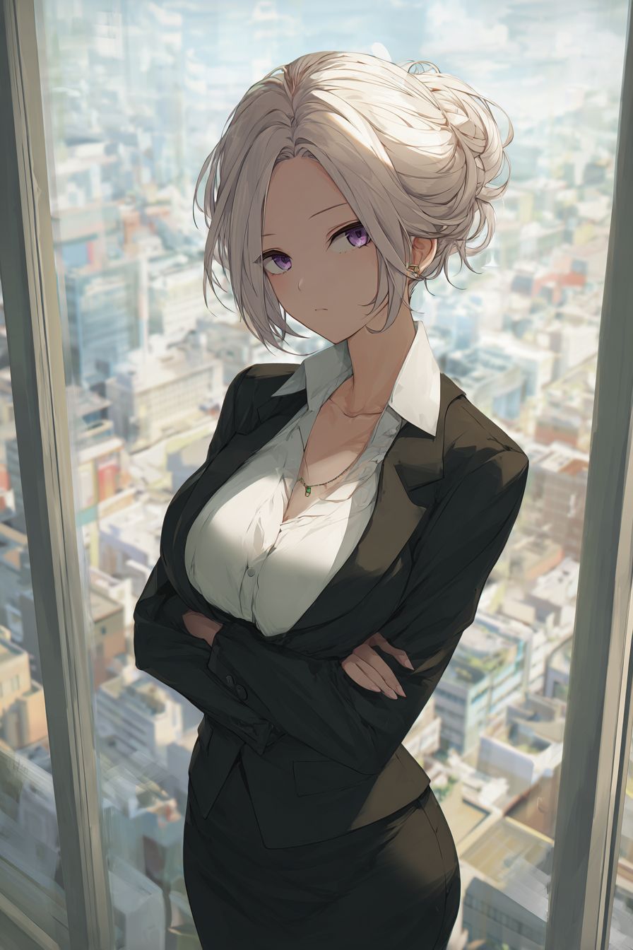 A confident anime-style female character in an office wearing a black blazer, white blouse, and pencil skirt