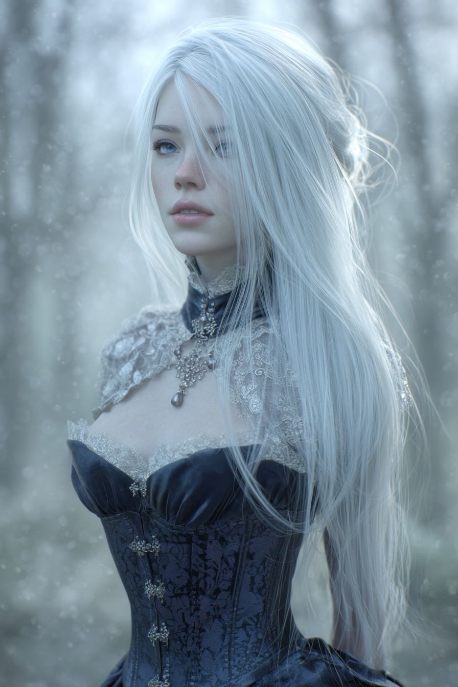 Una elegante chica de anime con cabello largo y blanco y ojos azules vestida con un vestido de estilo victoriano con adornos de terciopelo y botones de perlas, expresión serena frente a un fondo de bosque brumoso