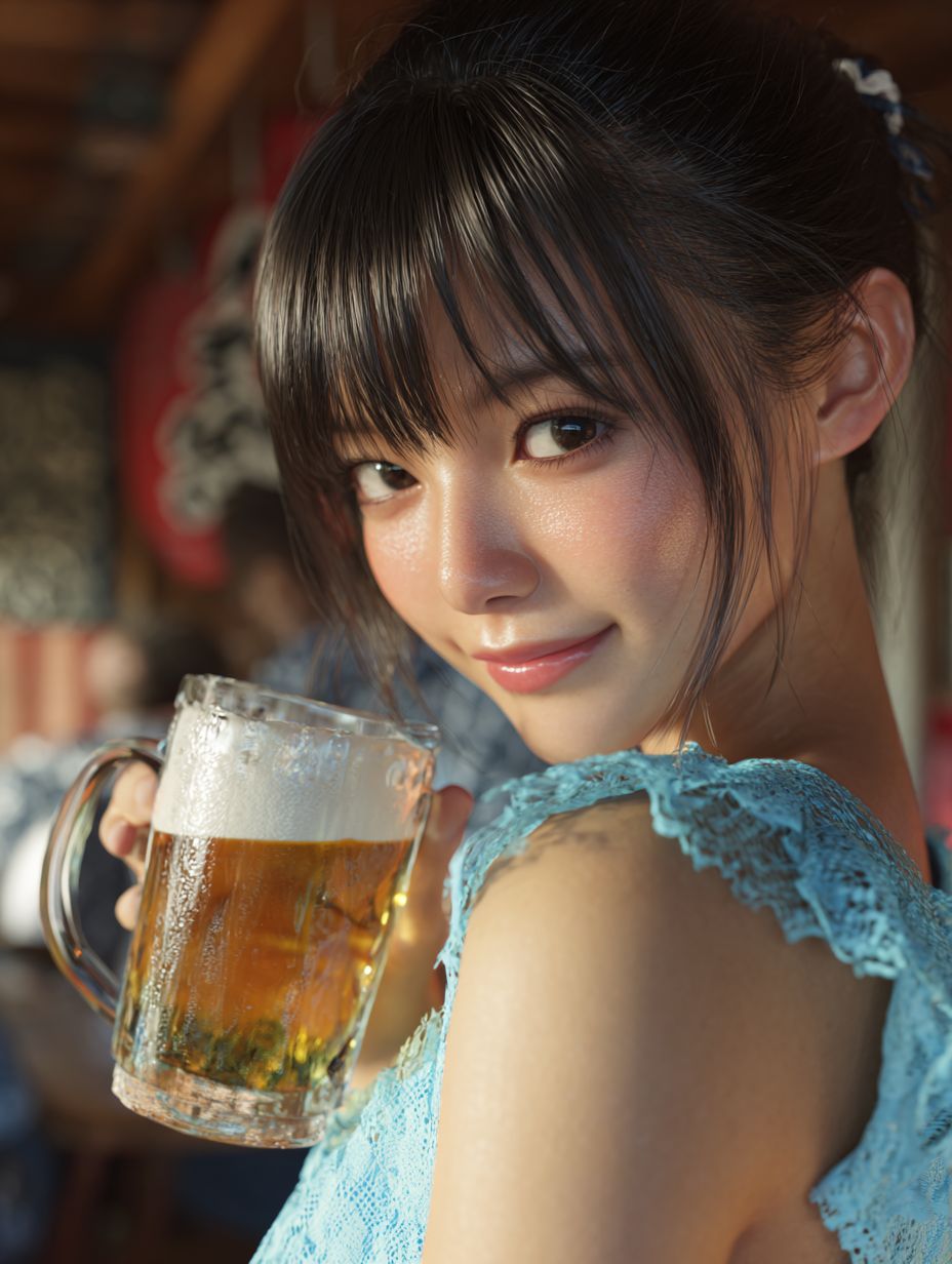 A cute Japanese woman in a light blue sundress drinking cold beer at a traditional Japanese tavern