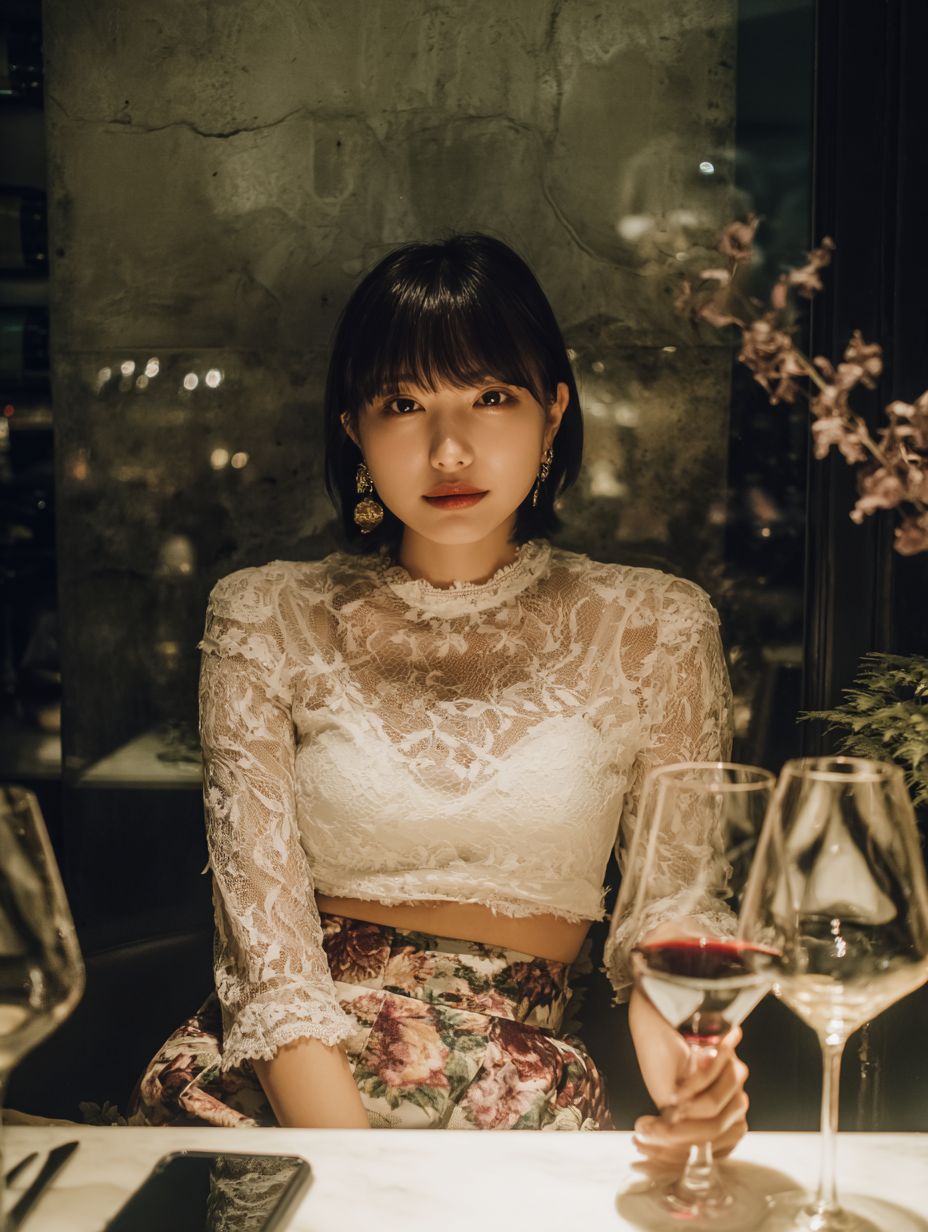 A beautiful Japanese woman in a white lace top and floral skirt enjoys wine at a chic bar
