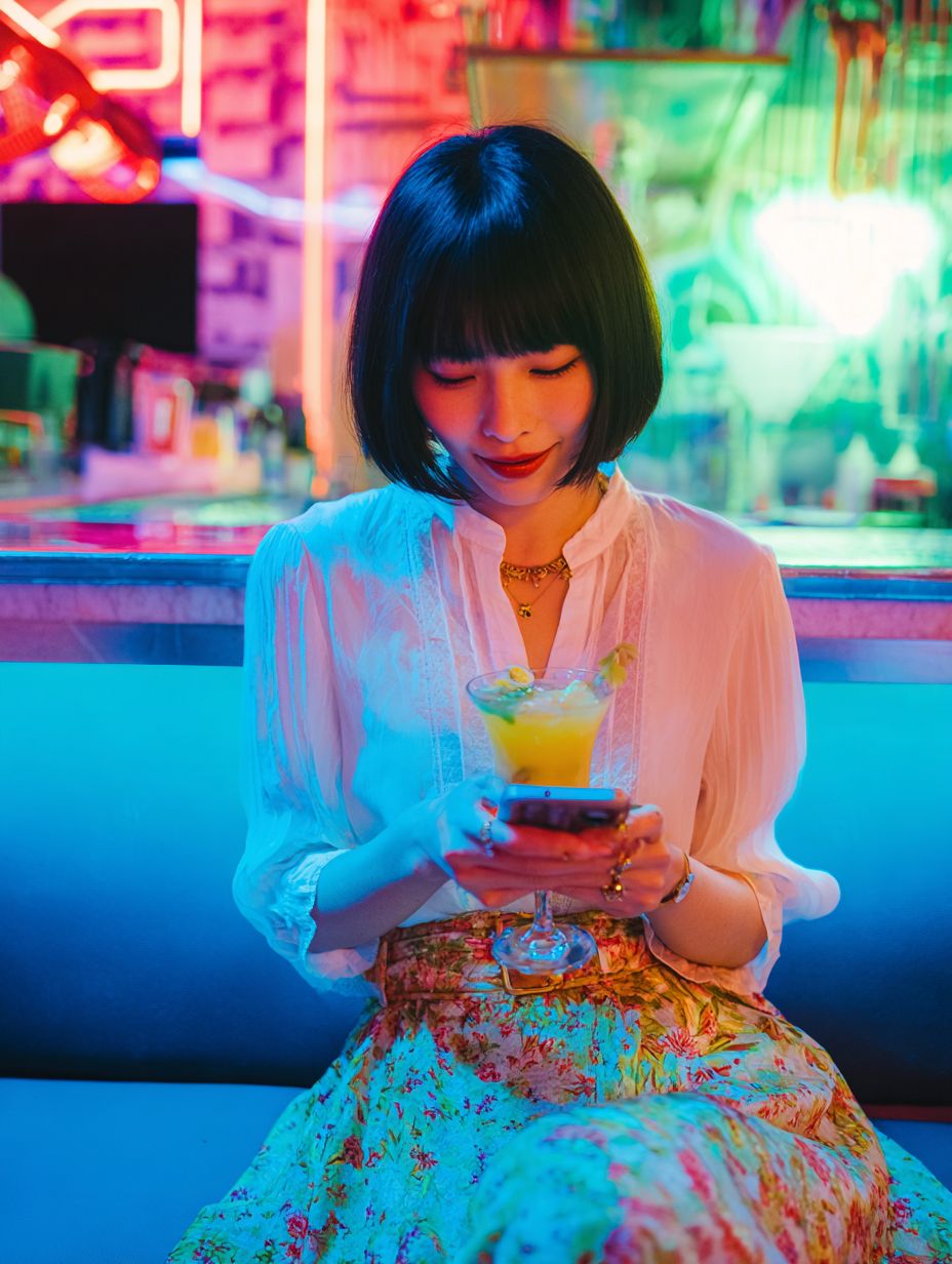 A beautiful Japanese woman with short hair and bangs in a white blouse and floral skirt is sipping a cocktail at a neon-lit lounge