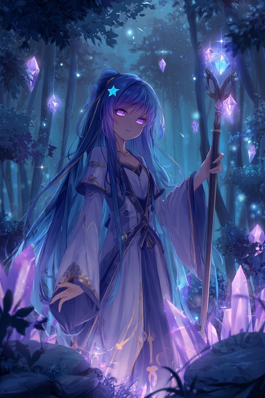 一位擁有星星點綴的長藍髮和紫色眼睛的魔法少女在神秘森林中施法