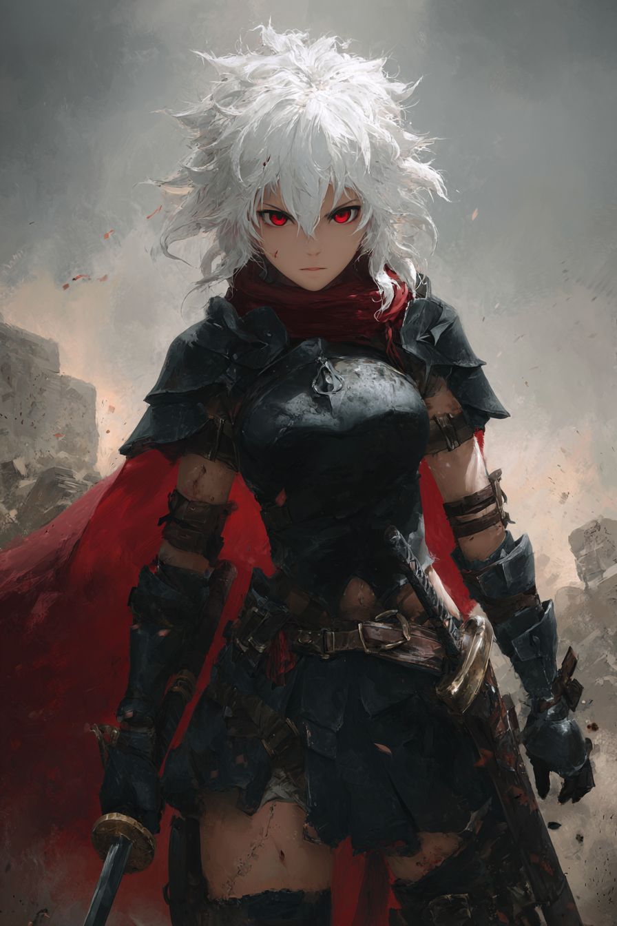 Uma garota de anime feroz com cabelos brancos selvagens e olhos vermelhos intensos está pronta para a batalha com uma espada