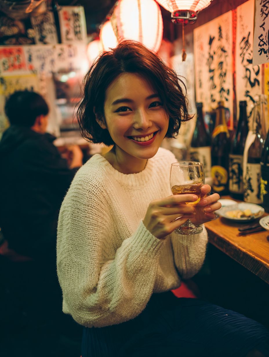 A charming Japanese woman with short hair enjoying plum wine at a cozy izakaya