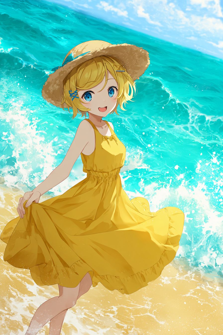 Uma garota de anime alegre com cabelo curto amarelo e olhos azuis vestindo um vestido de verão amarelo na praia