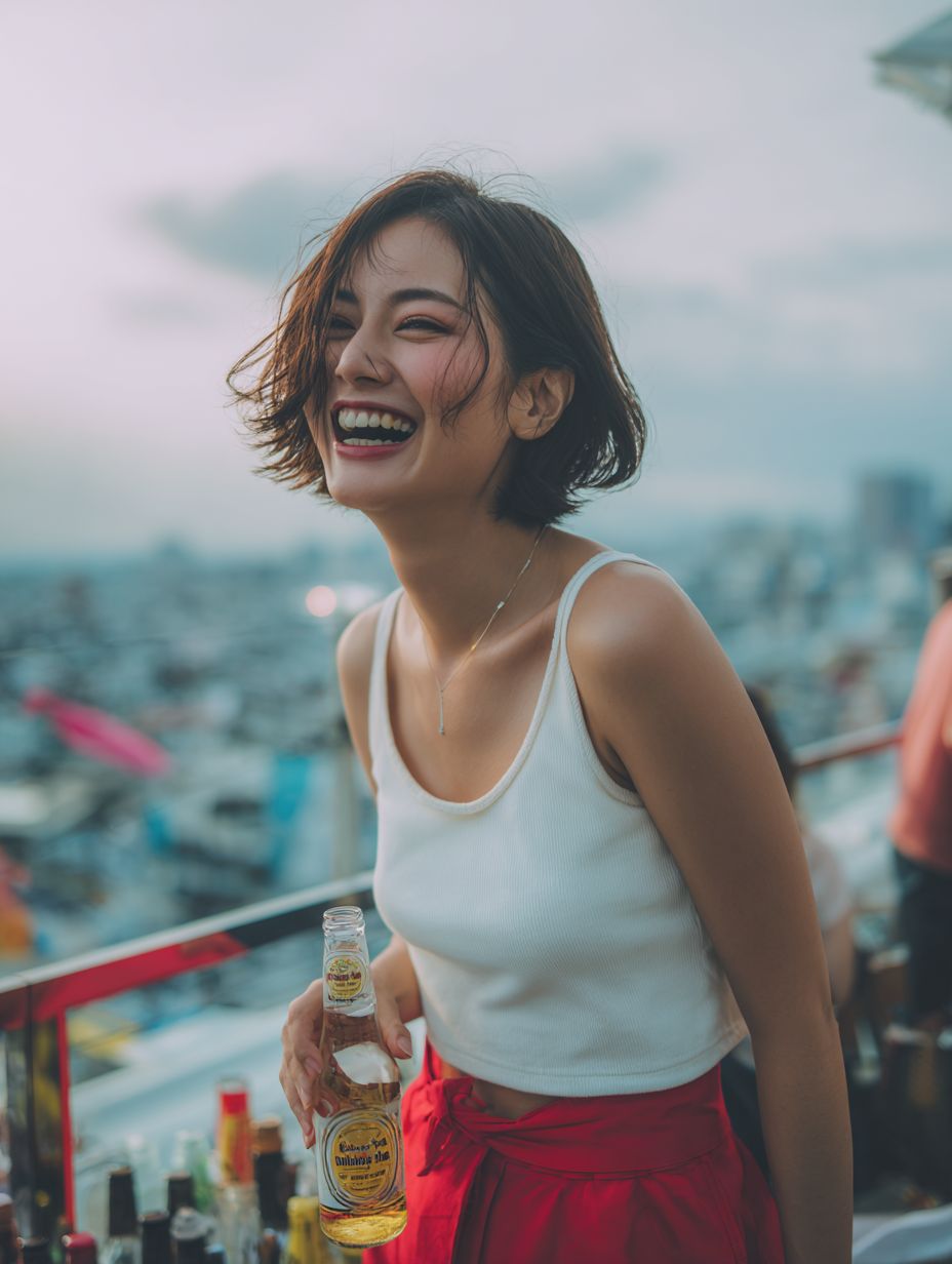 A cute Japanese woman with a bob cut wearing a white tank top and red skirt laughing while holding a beer at a rooftop lounge