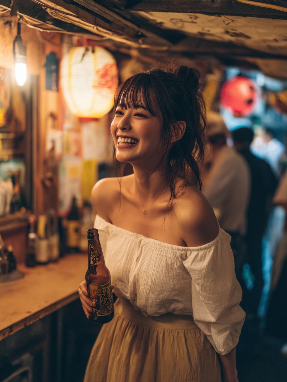 An adorable Japanese woman laughing with a beer in an izakaya