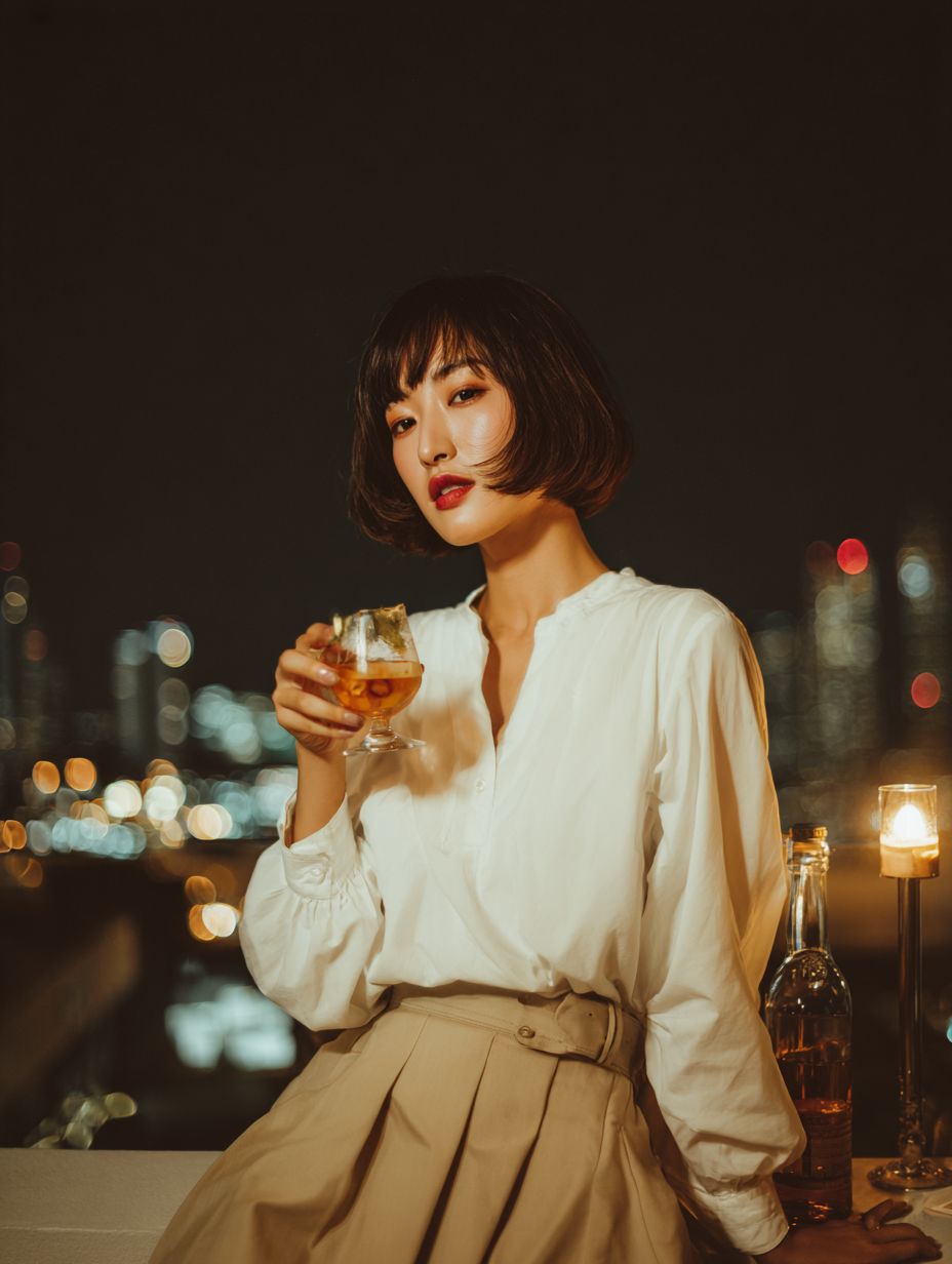 A lovely Japanese woman in a white blouse and beige maxi skirt sipping a cocktail at a rooftop bar at night