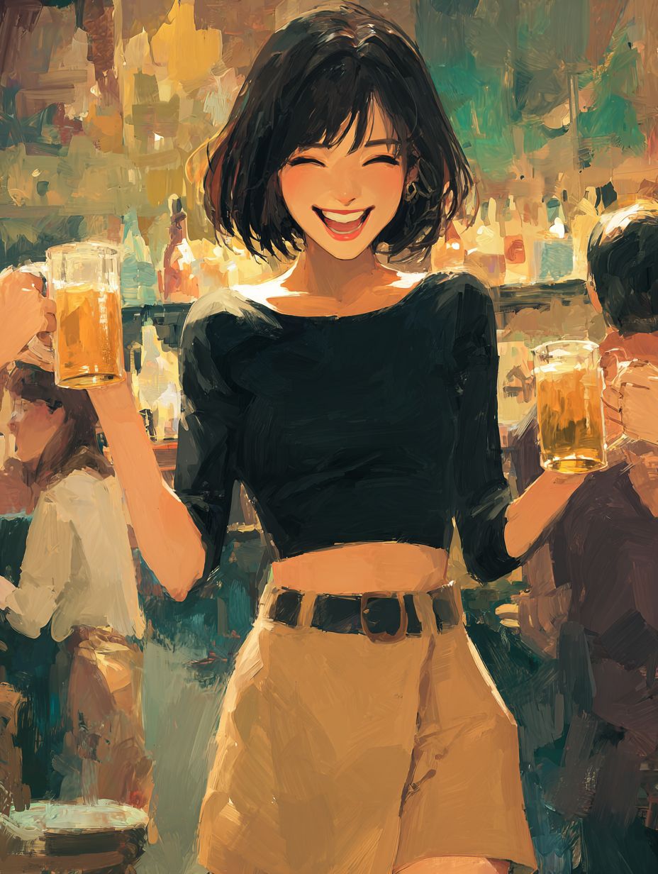 A cute Japanese woman is laughing and clinking beer mugs with friends in a lively bar