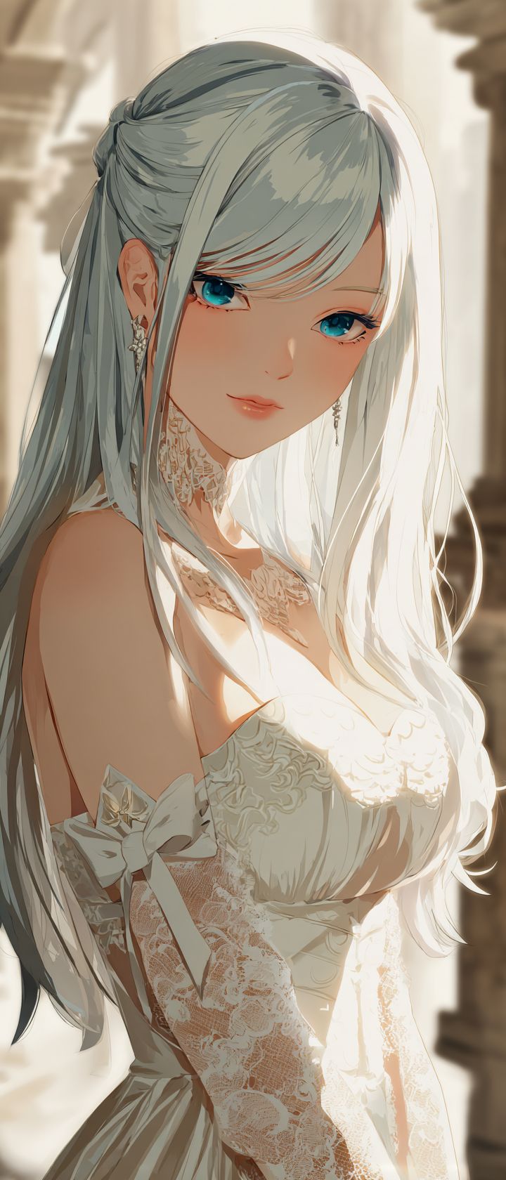 Una hermosa chica de cabello plateado con un elegante vestido blanco de encaje