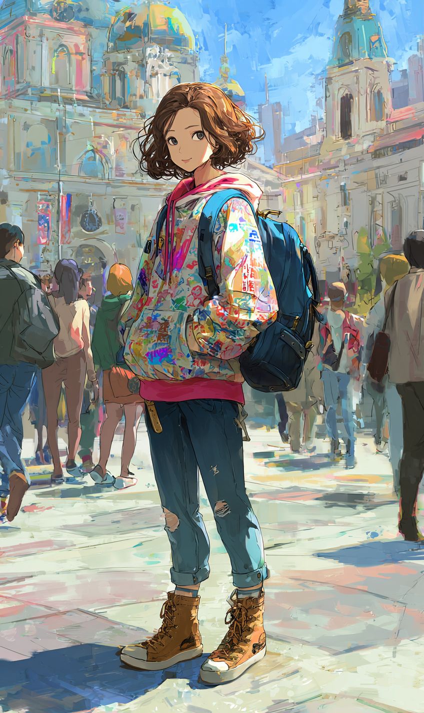 Ein lustiger Anime-Jugendlicher mit kurzen welligen Haaren und einem Rucksack, der einen lässigen Hoodie über Jeans und Stiefeln trägt und mit Freunden auf einem lebhaften Stadtplatz unterwegs ist