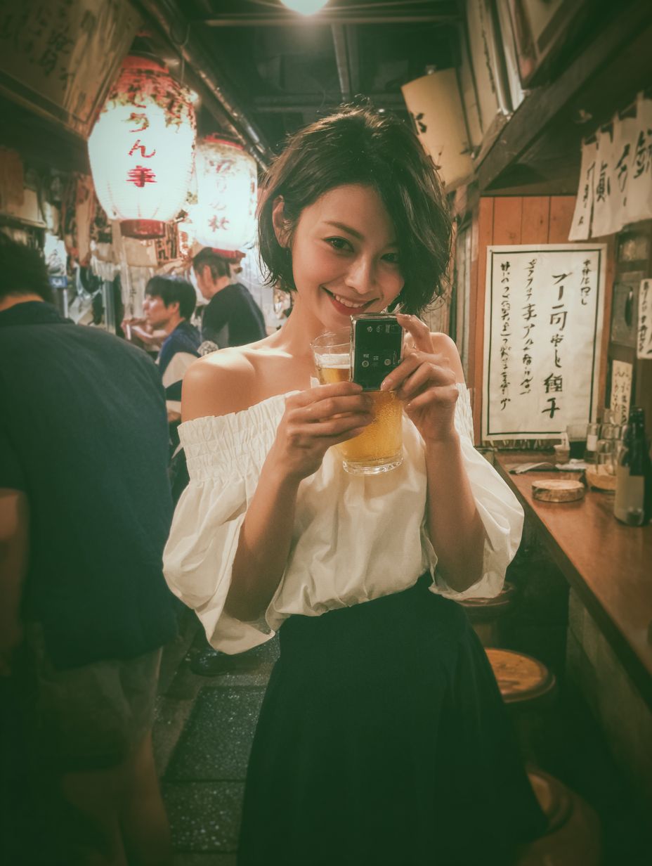 A charming Japanese woman with short hair in a white off-shoulder top and black skirt enjoying beer at a traditional tavern with a playful smile