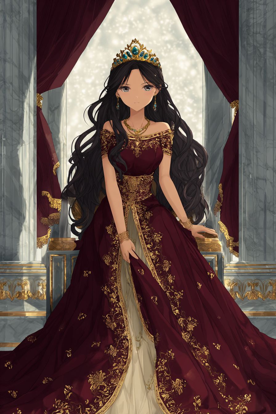 Uma elegante garota de anime em um vestido real com bordado dourado e uma tiara de safira está sentada em uma majestosa sala do trono