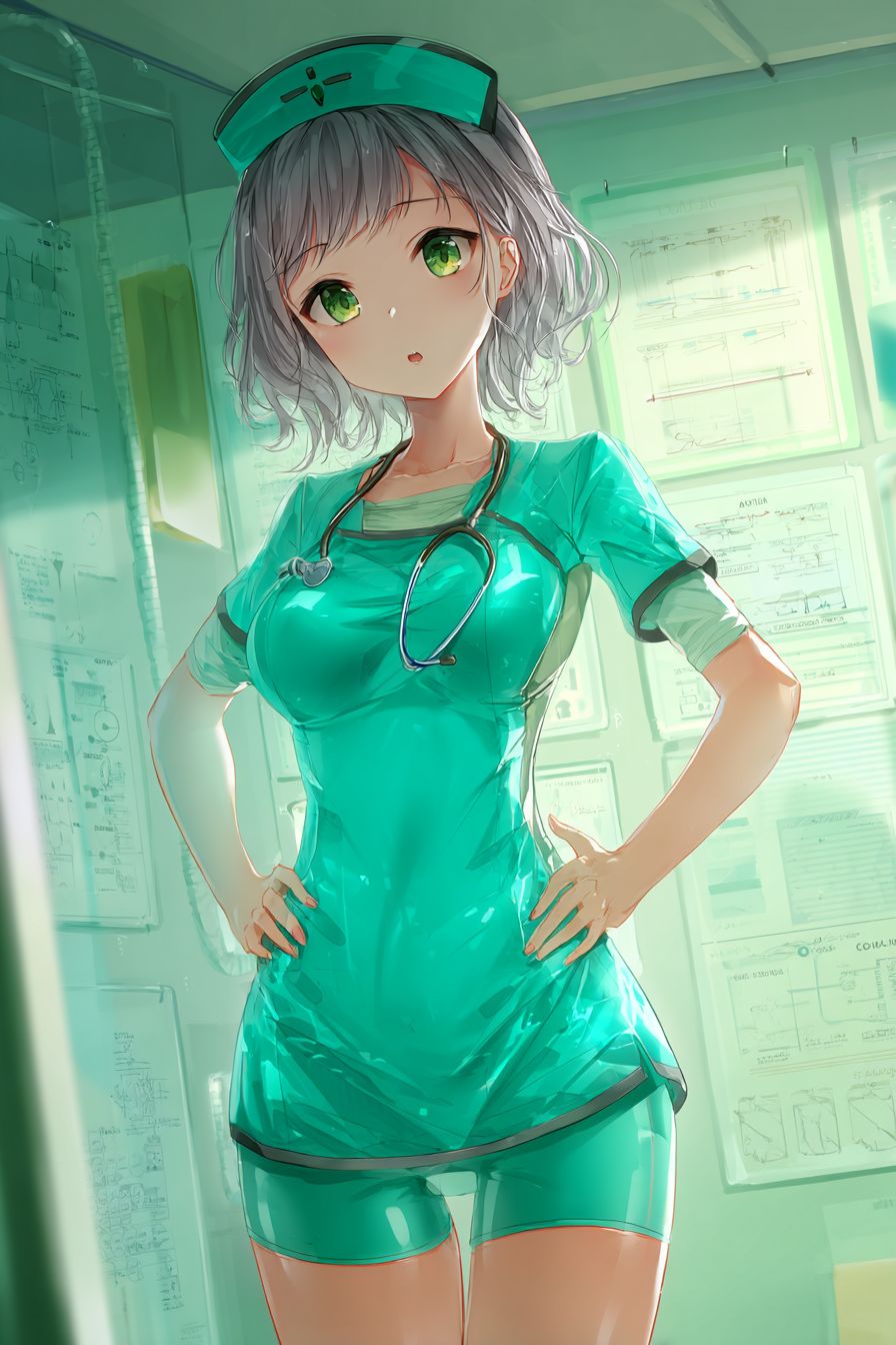 Uma garota anime confiante com cabelo curto ondulado cinza e olhos verdes posa em um uniforme de enfermeira teal brilhante na sala de hospital vibrante