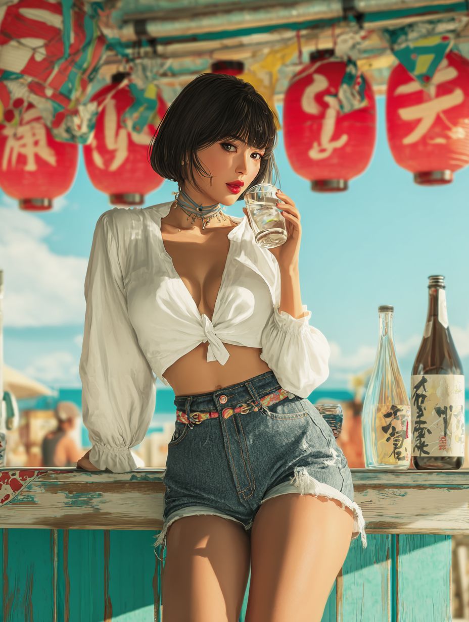 A beautiful Japanese woman enjoying shochu at a beachside bar