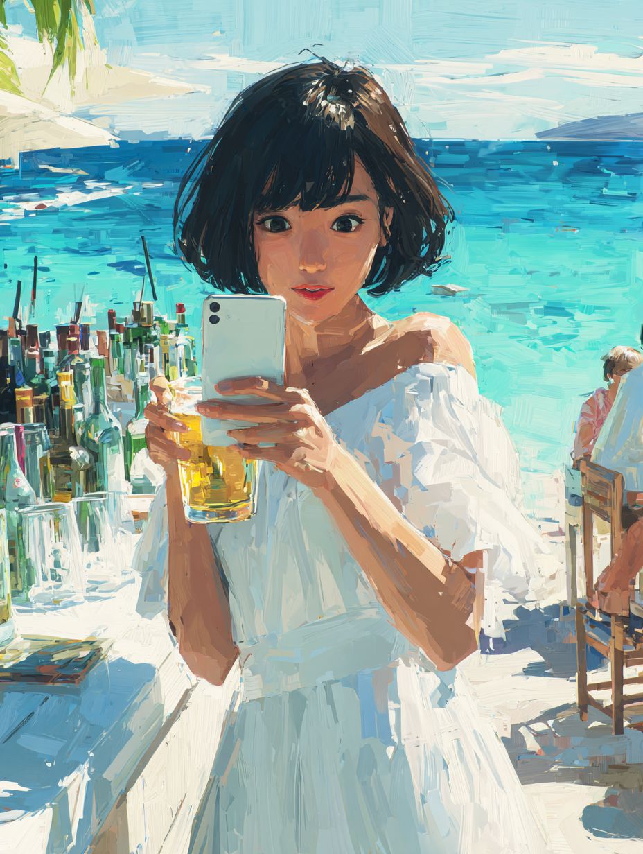 A cute Japanese woman in a white sundress enjoying a cold beer at a beachside bar