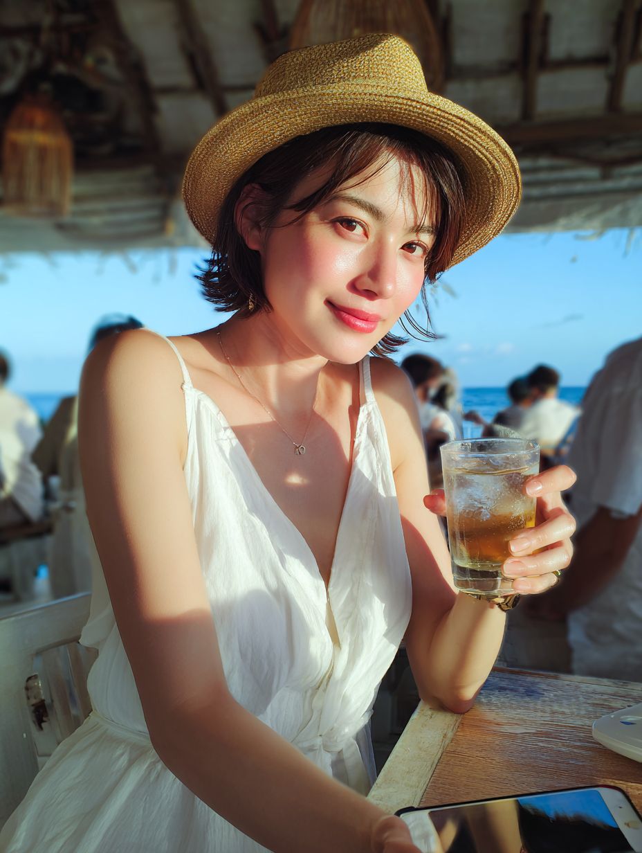 白いサンドレスを着た短髪の日本人女性がビーチサイドのカフェで焼酎ハイボールを飲んでいる