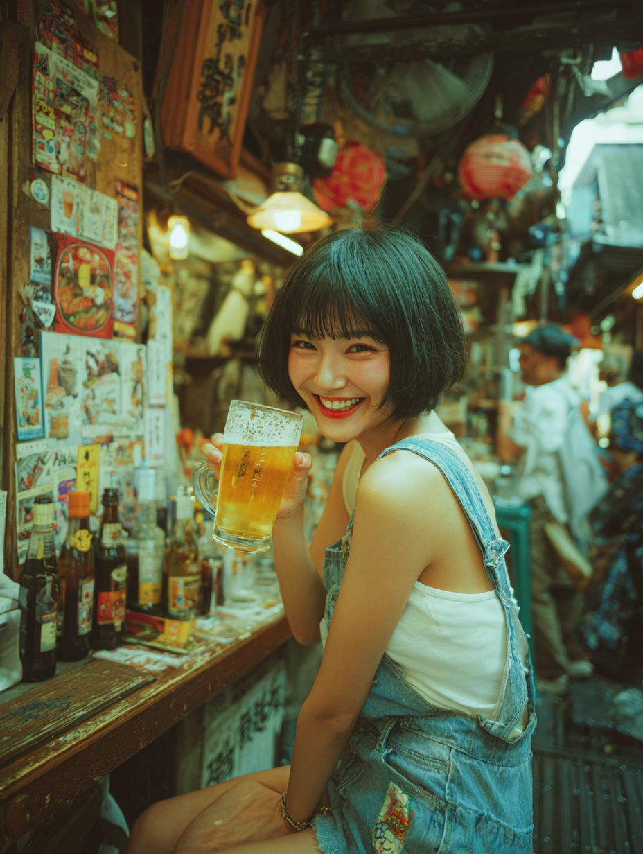 An adorable Japanese woman sipping beer at an outdoor bar