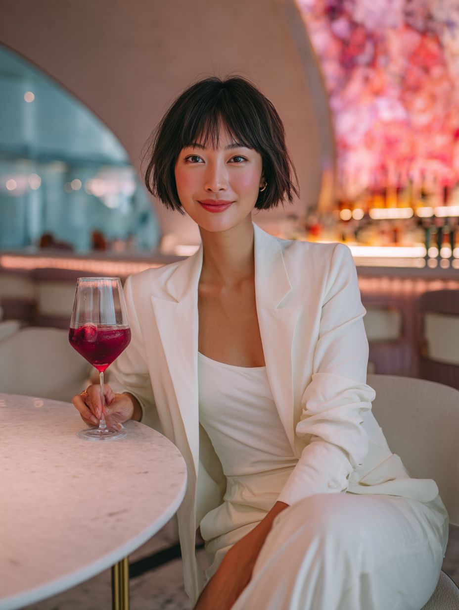 A beautiful Japanese woman in white loungewear enjoying plum wine at a modern bar