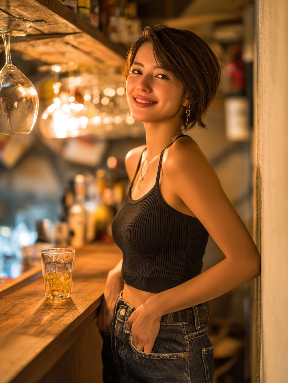 短髪の日本人女性が黒のタンクトップとハイウエストジーンズを着て、バーのカウンターにもたれながら日本酒を飲み、自信に満ちた笑顔を見せている
