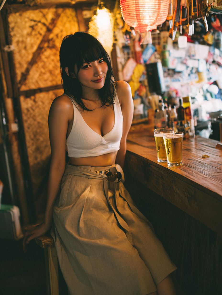 A lovely Japanese woman in a white crop top and beige maxi skirt enjoying a beer at a rustic bar
