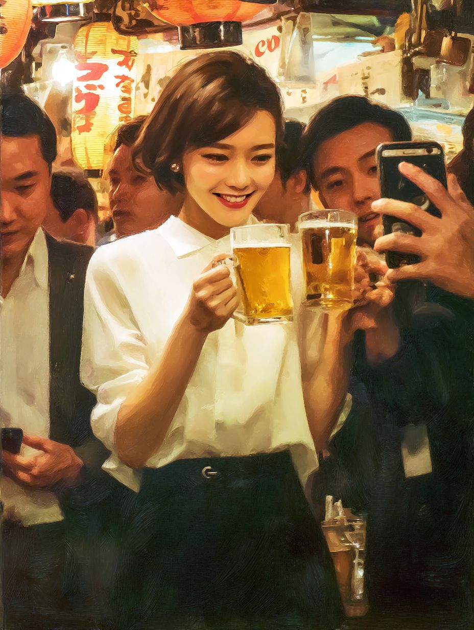 A beautiful Japanese woman with short hair celebrates with friends at a lively izakaya