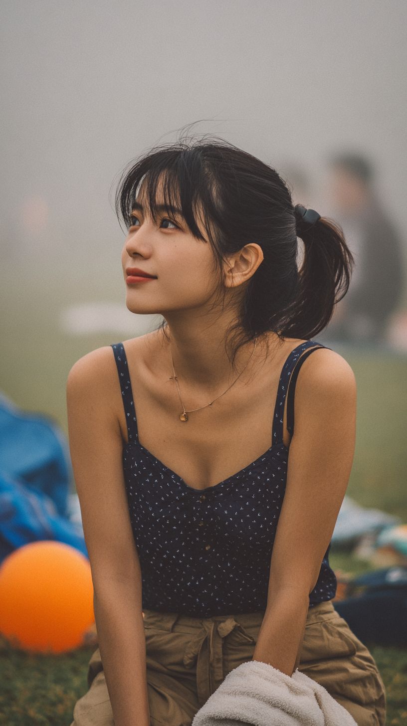 An East Asian woman sits on the grass in a navy blue camisole and high-waisted khaki pants, holding a towel and showing a natural expression