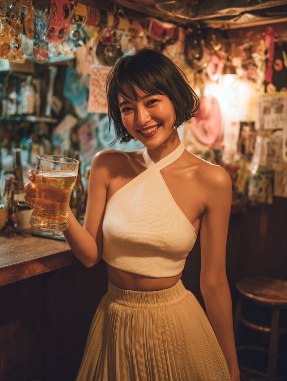 A charming Japanese woman toasting at a bar