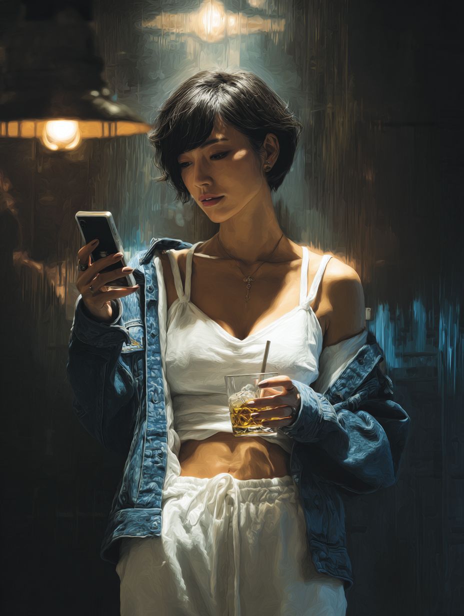 A beautiful Japanese woman with short hair in a white loungewear set and denim jacket sips whiskey at a sleek urban bar